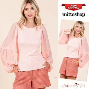 Mittoshop Mixed Media Textured Knit Chiffon Long Balloon Sleeves Blouse | Peach